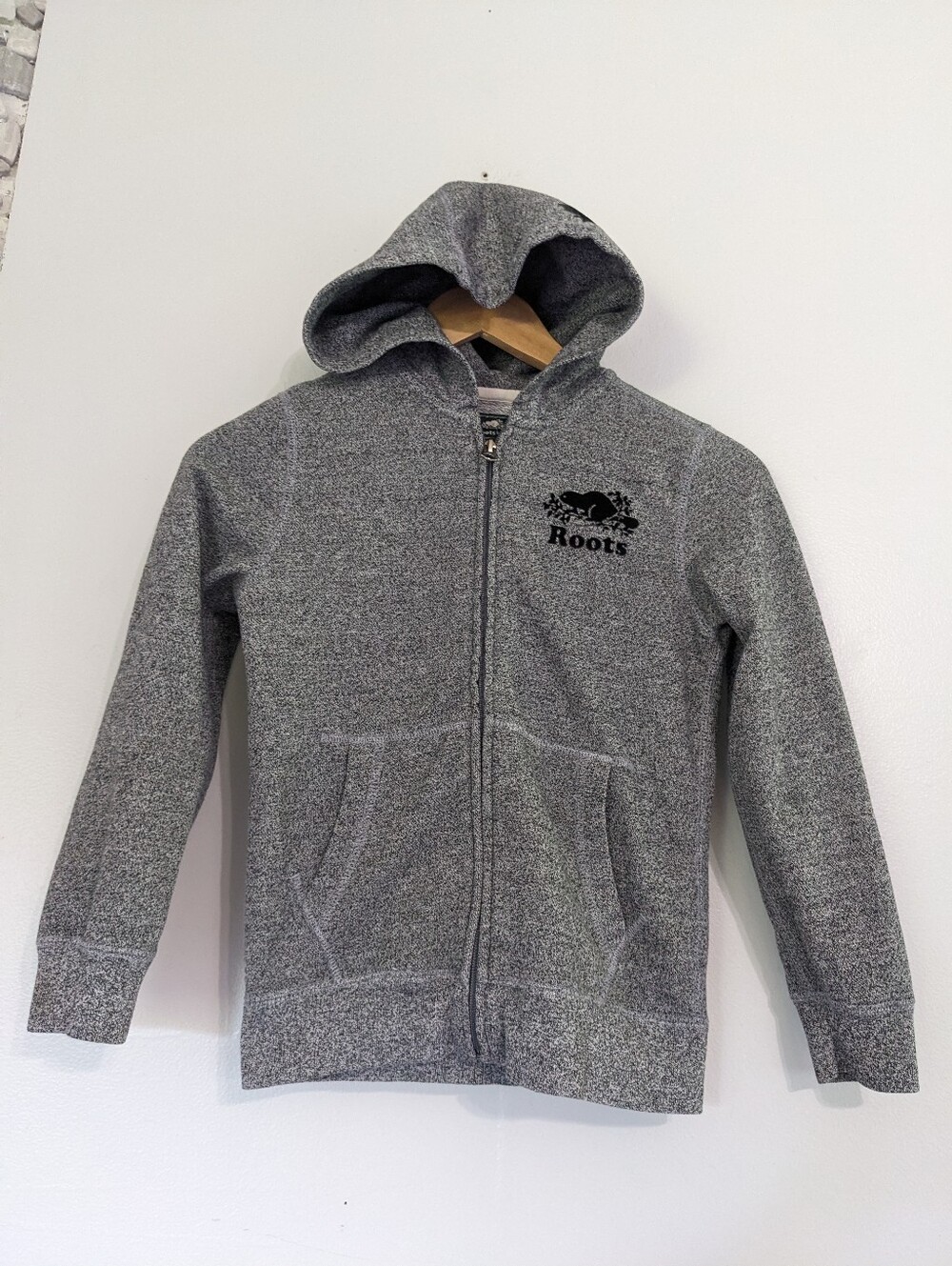 Roots Hoodie Youth Medium Full Zip Long Sleeve Gray Cotton Blend Hood Jacket